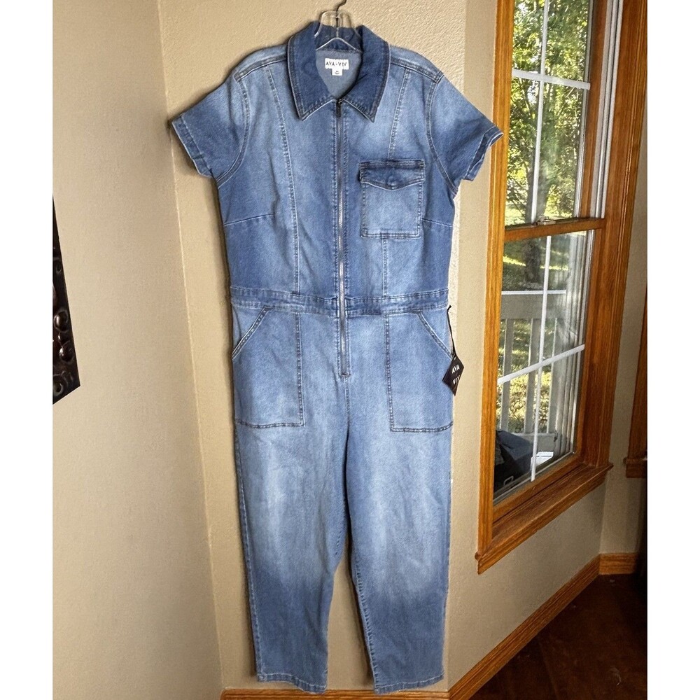 Ava & Viv Jumpsuit Women's 16W Jean Short Sleeve Denim Zip‎ Front Pockets New